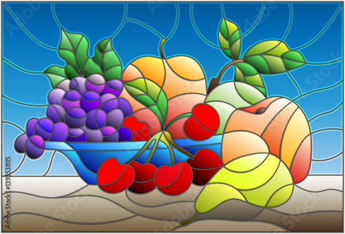 Nowoczesny obraz na płótnie Illustration in stained glass style with still life, fruits and berries in blue bowl