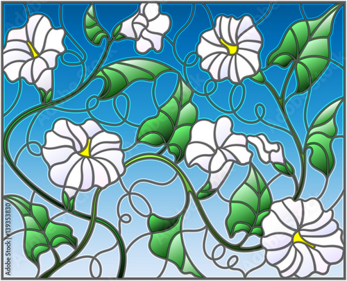 Naklejka na meble Illustration in stained glass style flowers loach, white flowers and leaves on blue background