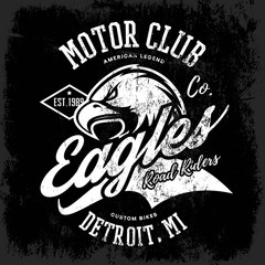 Wall Mural - Vintage American furious eagle custom bike motor club tee print vector design isolated on dark background. Premium quality wild bird superior logo concept illustration