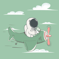Wall Mural - happy astronaut flying on the plane in sky