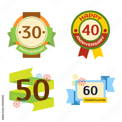 Birthday badge banner design flat set celebration emblem anniversary card dat...