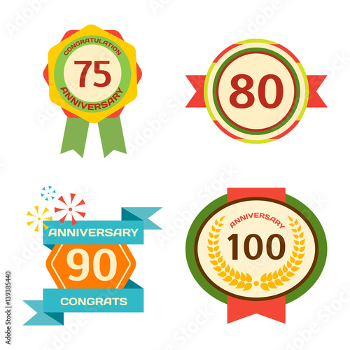 Birthday badge banner design flat set celebration emblem anniversary card dat...