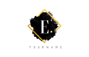 E Letter Logo Design with Black Stroke and Golden Frame.