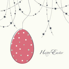 Cover design day cards happy Easter. Depicts a garland of stars, a large decorative egg with a circle pattern consisting of two colors pink and green. The phrase happy Easter.