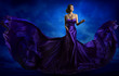 Woman Fashion Dress, Blue Art Gown Flying Silk Fabric, Elegant Model in Waving Purple Cloth