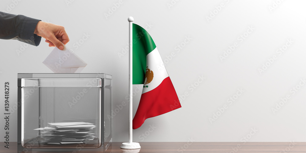 Ballot box and a small Mexico flag. 3d illustration