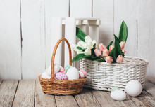 Vintage Easter Decoration With Eggs And Tulip Flowers