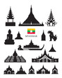 Myanmar Landmarks Architecture Building Object Set, Design Elements, Black and White, Silhouette