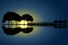 Trees Arranged In A Shape Of A Guitar On A Starry Sky Background In A Full Moon Night. Music Island With A Guitar Reflection In Water. Vector Illustration Design.