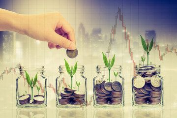 Hand putting money coins and seed in clear bottle on cityscape photo blurred cityscape background,Business investment growth concept.with stock chart, investment concept.