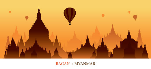 Wall Mural - Bagan, Myanmar, Landmarks Silhouette Sunrise Background, Cityscape, Travel and Tourist Attraction