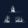 Vector set of sailing galleon ships in the ocean in ink line style. Hand sketched old warships. Marine theme design.