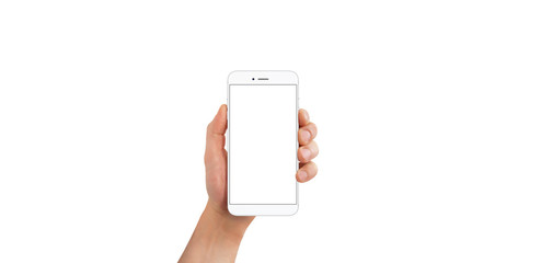 isolated mockup of white modern phone in male hand on white background. free space for text, icons, 