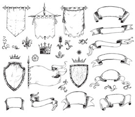 Vector hand drawn collection of heraldic templates: shield, flag