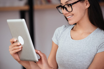 Sticker - Caucasian amazing woman indoors using tablet