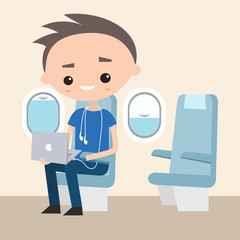 Wall Mural - Cute teenager sitting with laptop in the plane, flat editable vector illustration