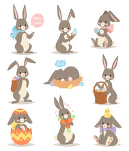 Happy Rabbit Cartoon Character Cheerful Mammal Holiday Art Hare With Basket And Cute Easter Bunny With Eggs Funny Gray Animal Vector Illustration.