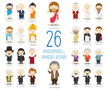 Kids Vector Characters Collection: Set Of 26 Great Philosophers And Thinkers Of History In Cartoon Style.