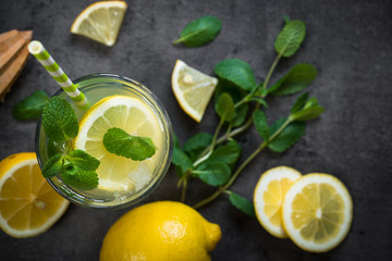 Lemonade Traditional Summer drink. Top view dark background