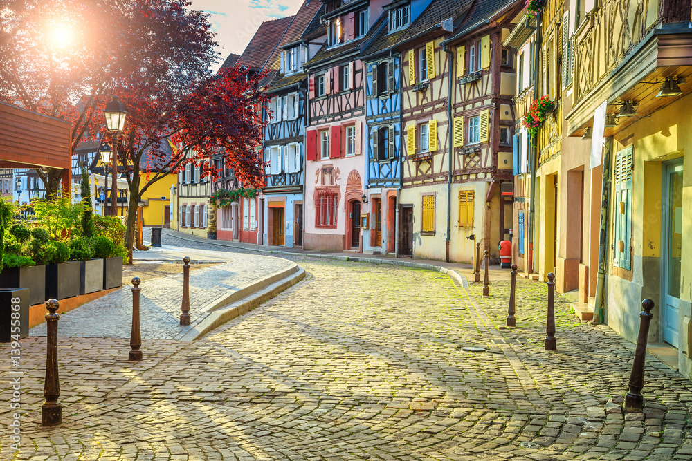 Colorful medieval half-timbered facades with paved road in Colmar - obrazy, fototapety, plakaty 