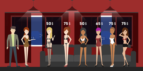 Choosing girls in brothel. Women in sexy outfit with different prices. Red and black interior.