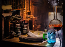 Medieval Alchemist Laboratory With Various Kind Of Flasks In Prague, Czech Republic