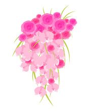 Wedding Cascade Bouquet Of Roses And Orchids Isolated On White Background. Vector Illustration