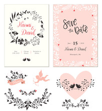Wedding Cards With Typographic Design, Heart Shape, Birds, Cupid, Decorative Frame And Ornate Floral Wreath. Vector Illustration.