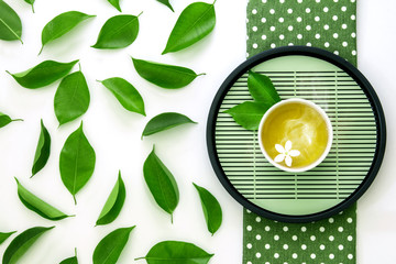 Canvas Print - Top view shot of a hot cup of tea with green leaf decoration  on white background , Organic green Tea ceremony time concept