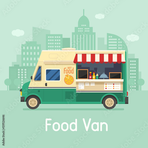 Street Food Truck On City Background Retro Pizza Van On