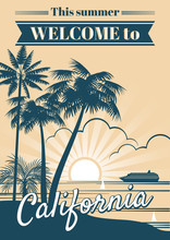 California Republic Vector Poster With Palm Trees, Sport T Shirt Surfing Graphics
