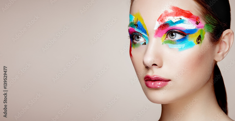 Beautiful woman face. Perfect makeup. Beauty fashion. Eyelashes. Cosmetic Eyeshadow - obrazy, fototapety, plakaty 