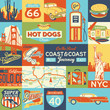 American travelers trip coast to coast icons vector seamless pattern