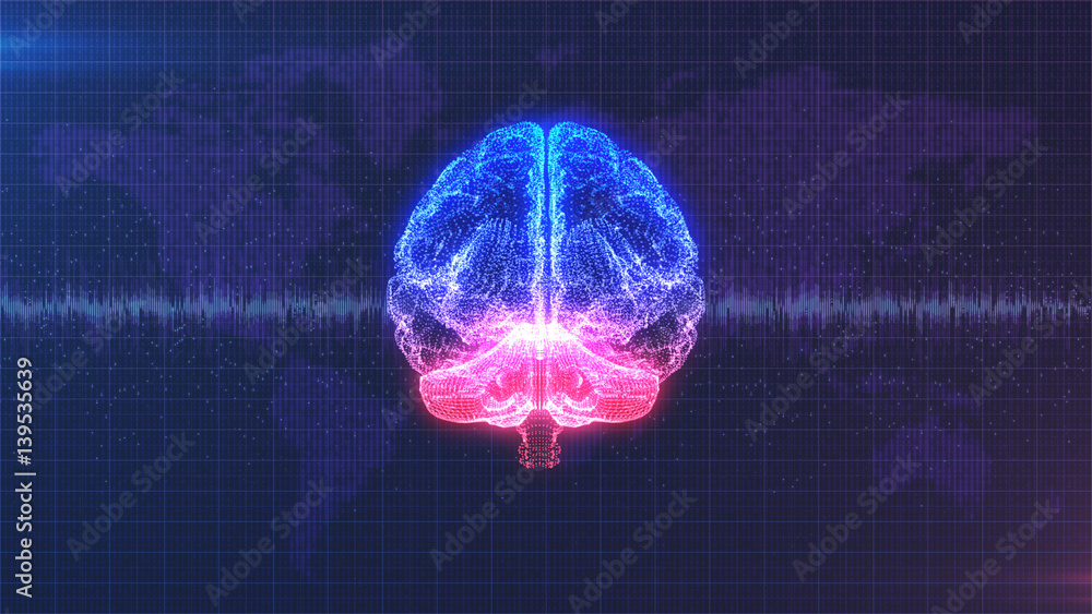 Computer generated blue and purple digital brain with brainwave in ...