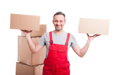 Mover man holding boxes with both hands