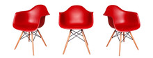 Modern Red Chair Stool Isolated On White Background. View From Different Sides - Front And Two Side Views