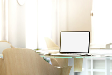 Wall Mural - blank laptop screen mockup in office, depth of field effect, 3d rendering. modern portable computer 