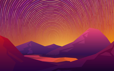 abstract image of starry sky in the mountains in red colors.