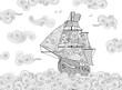 Contour image of sailing ship on the wave in zentangle inspired doodle style. Horizontal composition.