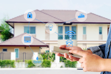 Hand using smart phone as smart home control application over blurred house background, smart home concept