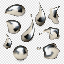 Chrome Metal Droplet Set Realistic Isolated On White Background