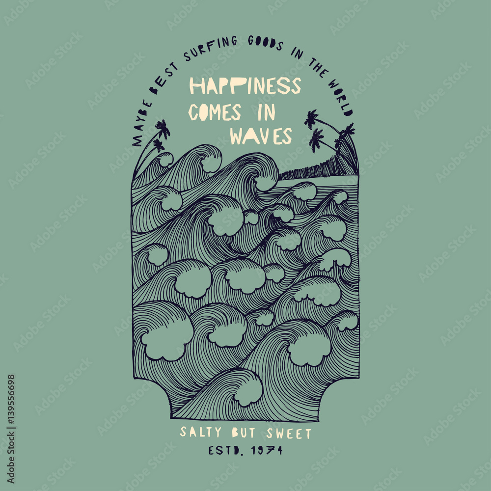 happiness cones in waves vintage ocean surfing print. - obrazy, fototapety, plakaty 