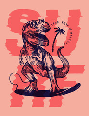 Wall Mural - dinosaur surfer pink print