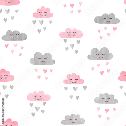 Naklejka ścienna Seamless pattern with watercolor clouds and rain of hearts. Vector illustration. 