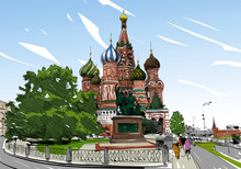 Russia. Moscow.Red Square St. Basil's Cathedral. Hand Drawn Vector Illustration.