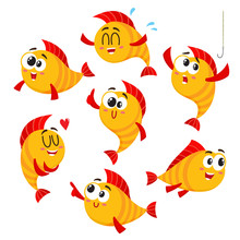 Cute, Funny Golden, Yellow Fish Characters With Human Face Showing Different Emotions, Cartoon Vector Illustration Isolated On White Background. Set Of Yellow Fish Characters, Mascot, Design Elements