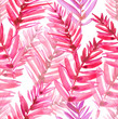 Seamless pattern with bright pink palm leaves painted in watercolor on white isolated background