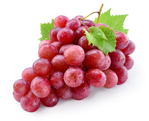Wall Mural - Ripe red wet grape with drops. Pink bunch with leaves isolated on white. With clipping path. Full depth of field.
