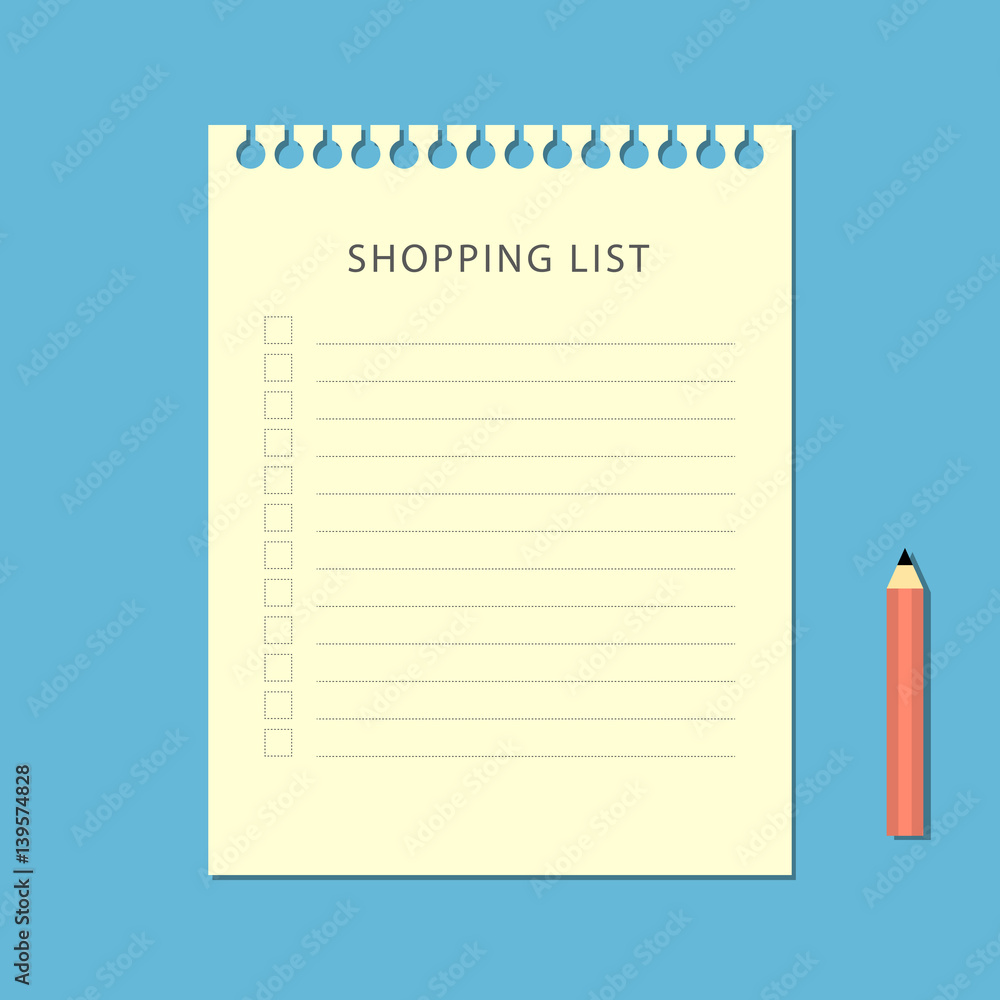 Flat shopping list and pencil on blue background - obrazy, fototapety, plakaty 