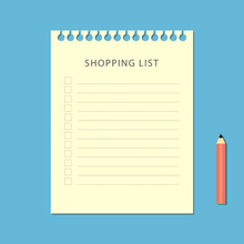 Flat Shopping List And Pencil On Blue Background
